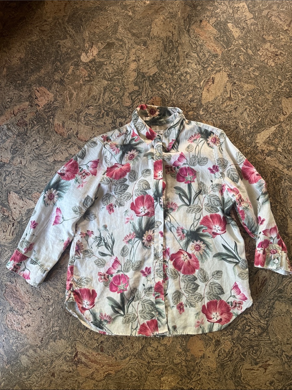 Chico’s Women’s Floral Button-Up Shirt - Pink Floral on Light Background